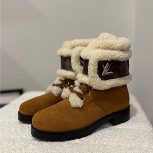 Louis Vuitton Tan and Cream Shearling Ankle Boots